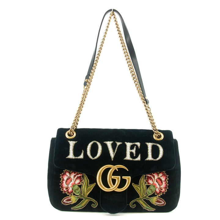 Gucci Black Velvet Loved Embroidered Marmont Shoulder Bag #6091