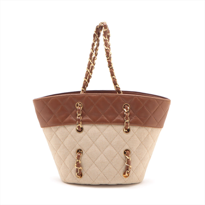 Chanel Matelasse Canvas &amp; Leather Chain Tote Bag Beige x Brown Gold Metal Fittings 1454422 -#2326