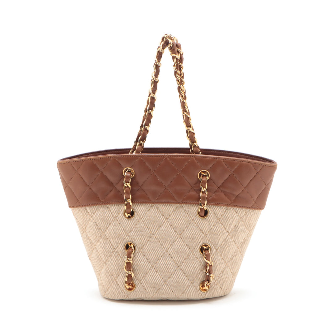 Chanel Matelasse Canvas &amp; Leather Chain Tote Bag Beige x Brown Gold Metal Fittings 1454422 -#2326