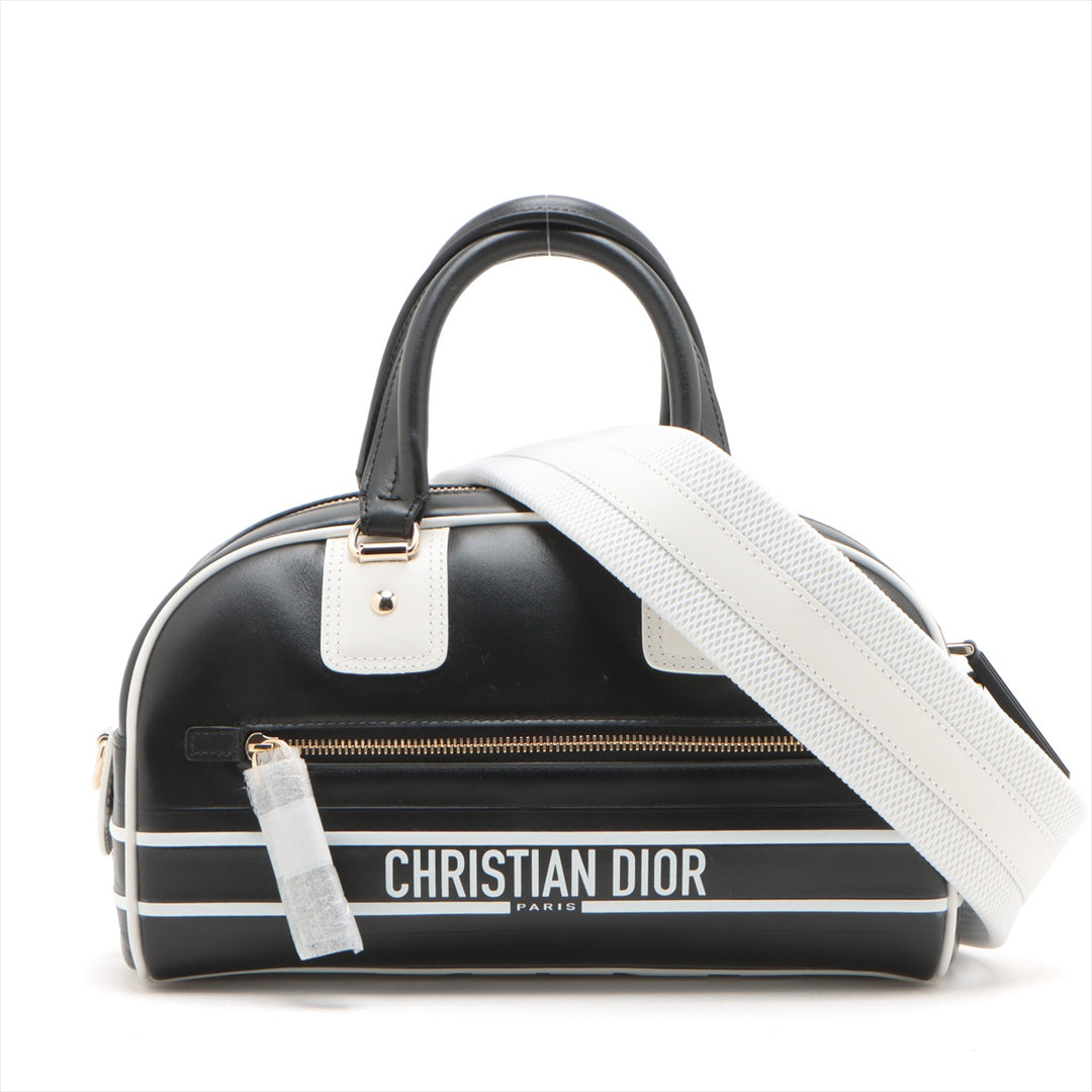 Christian Dior Dior Vibe Zip Bowling Bag Black/White Leather 2 Way  #2603