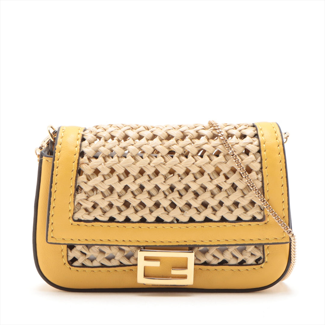 Fendi Nano Bucket Straw & Leather Chain Shoulder Bag Yellow #3260