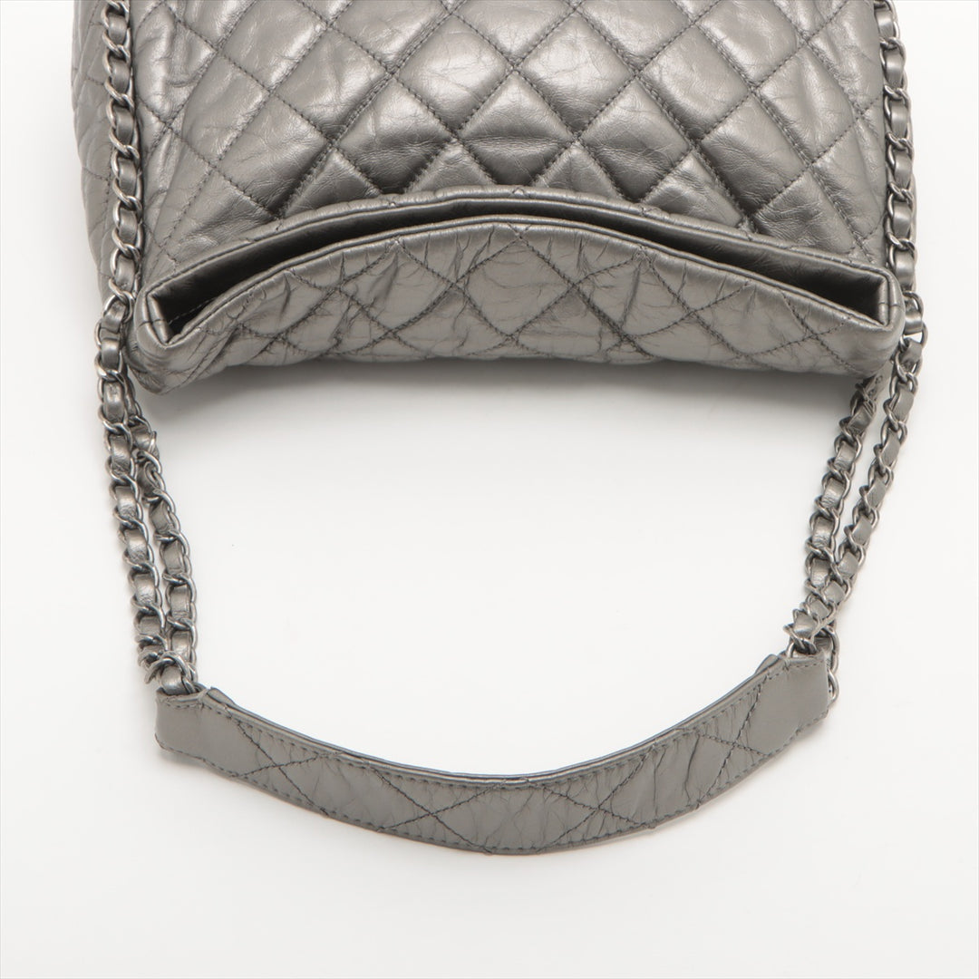 Chanel Matelasse Metallic Calfskin Quilted Medium Chain Me Hobo Dark Silver 14 Series -#2596