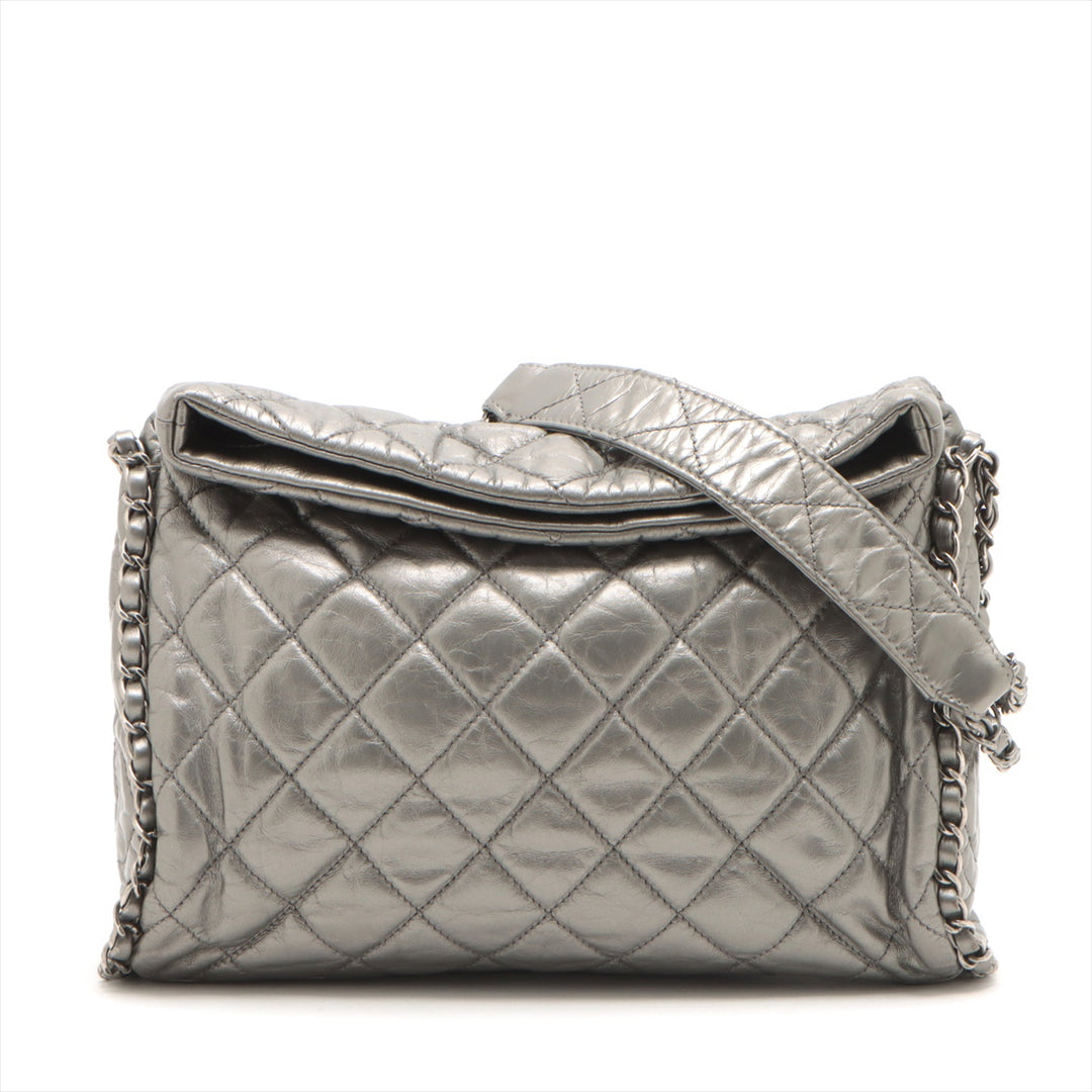 Chanel Matelasse Metallic Calfskin Quilted Medium Chain Me Hobo Dark Silver 14 Series -#2596