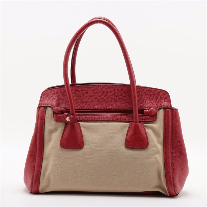 Prada Red/Beige Saffiano Cuir-Trimmed Canapa Tote #1815