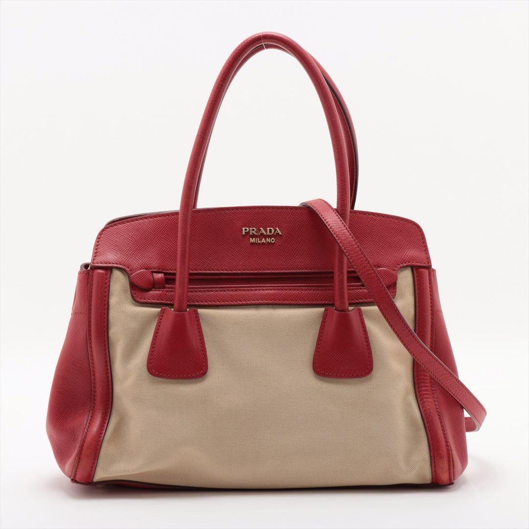 Prada Red/Beige Saffiano Cuir-Trimmed Canapa Tote #1815