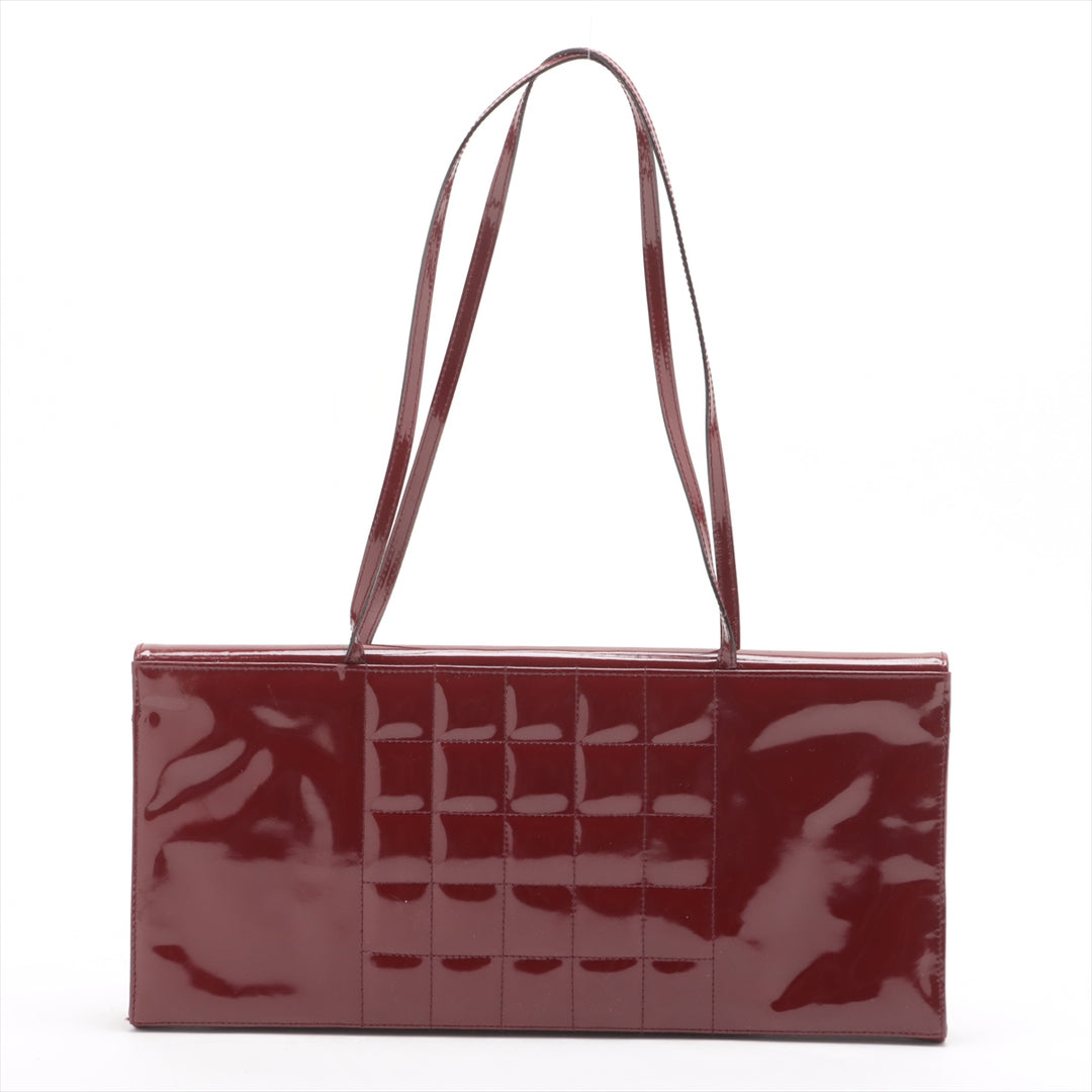 Chanel Chocolate Bar Patent Square Quilt Shoulder Bag Bordeaux Silver Metal Fittings 5 Series #2517