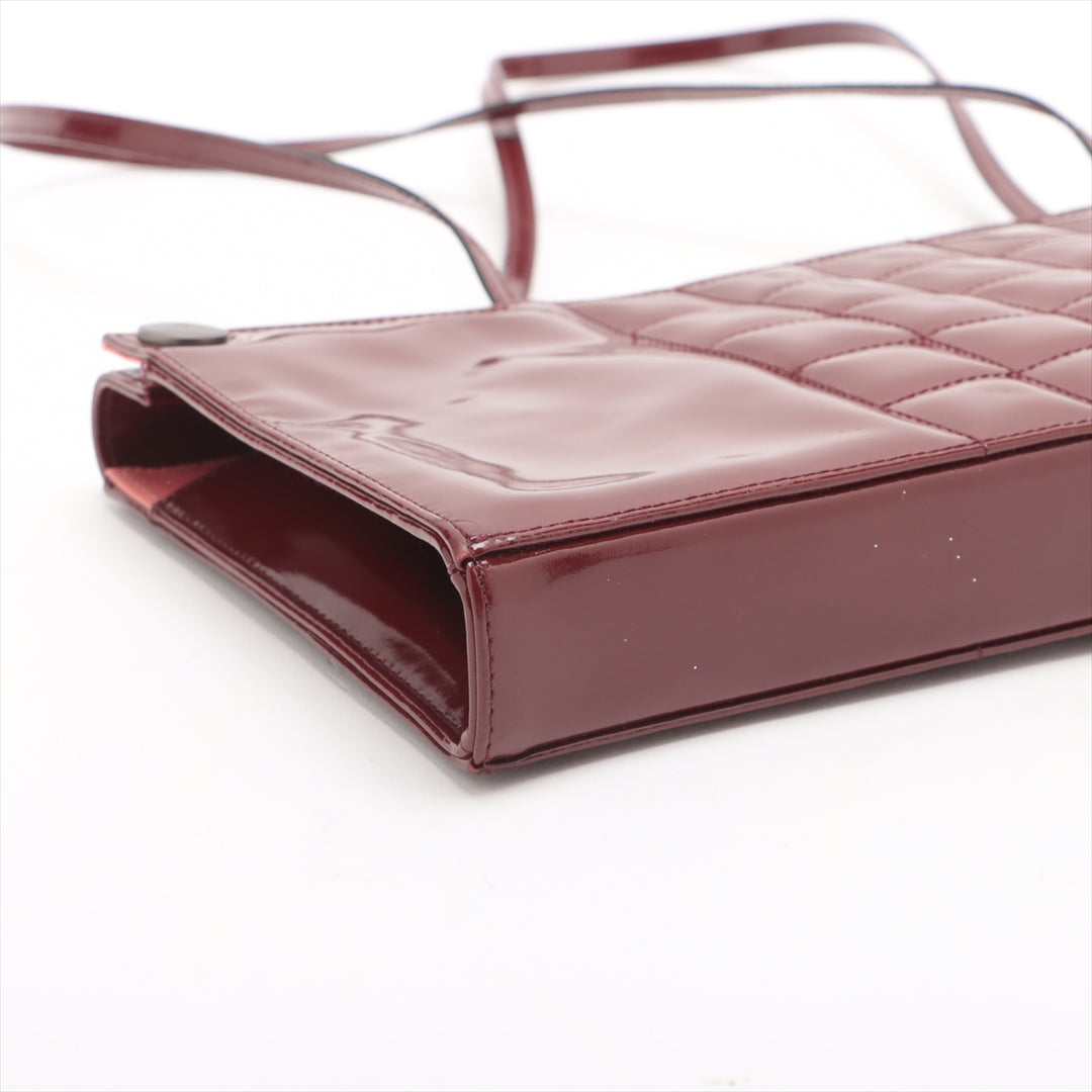 Chanel Chocolate Bar Patent Square Quilt Shoulder Bag Bordeaux Silver Metal Fittings 5 Series #2517