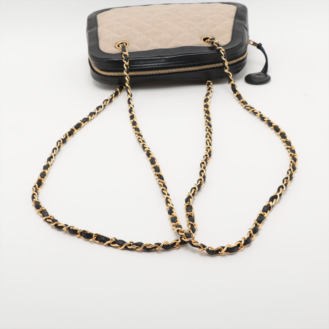 Chanel Matelasse Canvas &amp; Leather Chain Shoulder Bag Black x Beige Gold Metal Fittings 1 Series  #2509