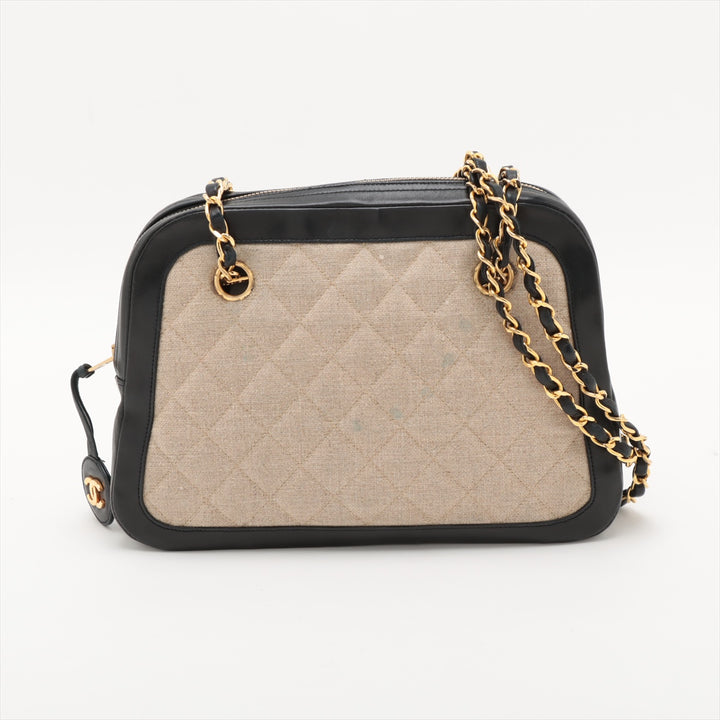 Chanel Matelasse Canvas &amp; Leather Chain Shoulder Bag Black x Beige Gold Metal Fittings 1 Series  #2509