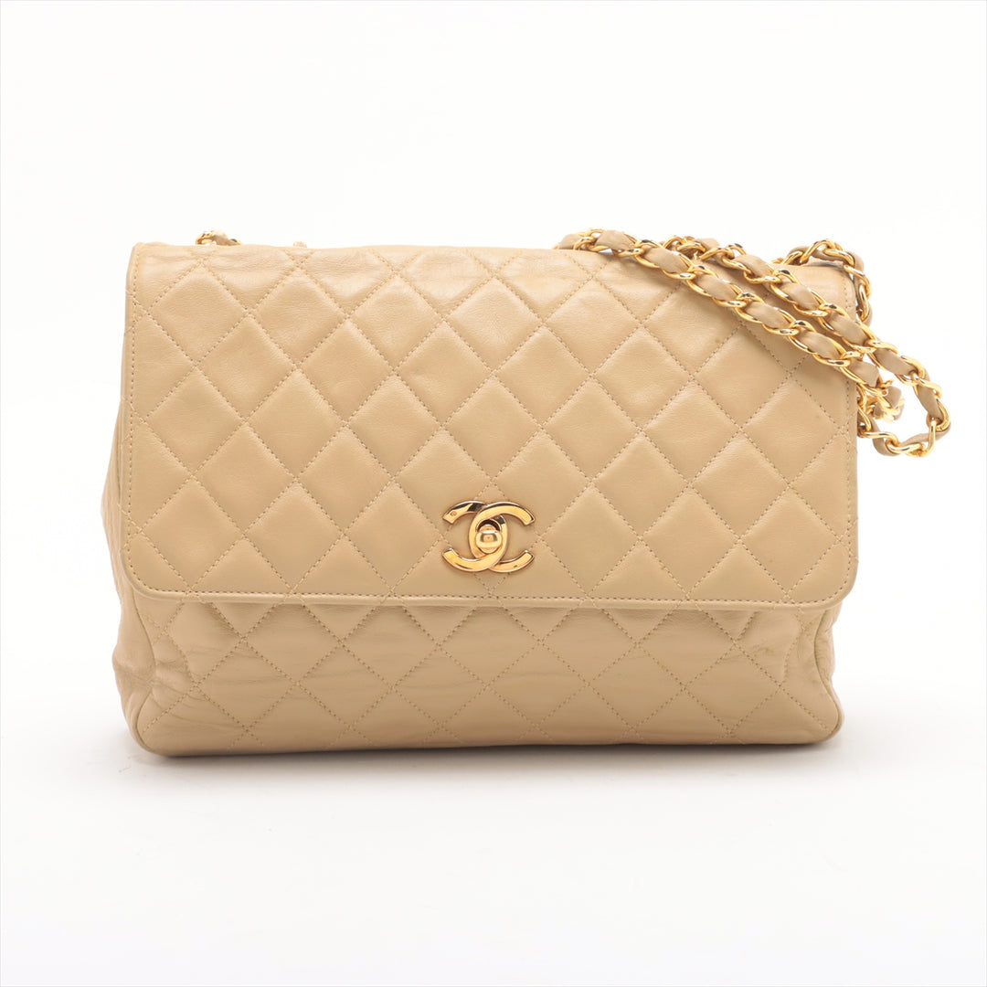 Chanel Matelasse Lambskin Single Flap Double Chain Bag Beige Gold Hardware 2 Series-#2892